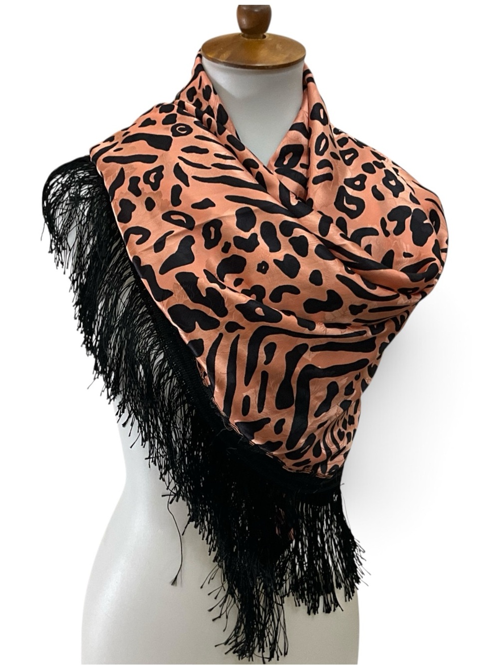 Dominique Martine Large 100% Silk Animal Print Shawl Wrap With Fringe Vintage